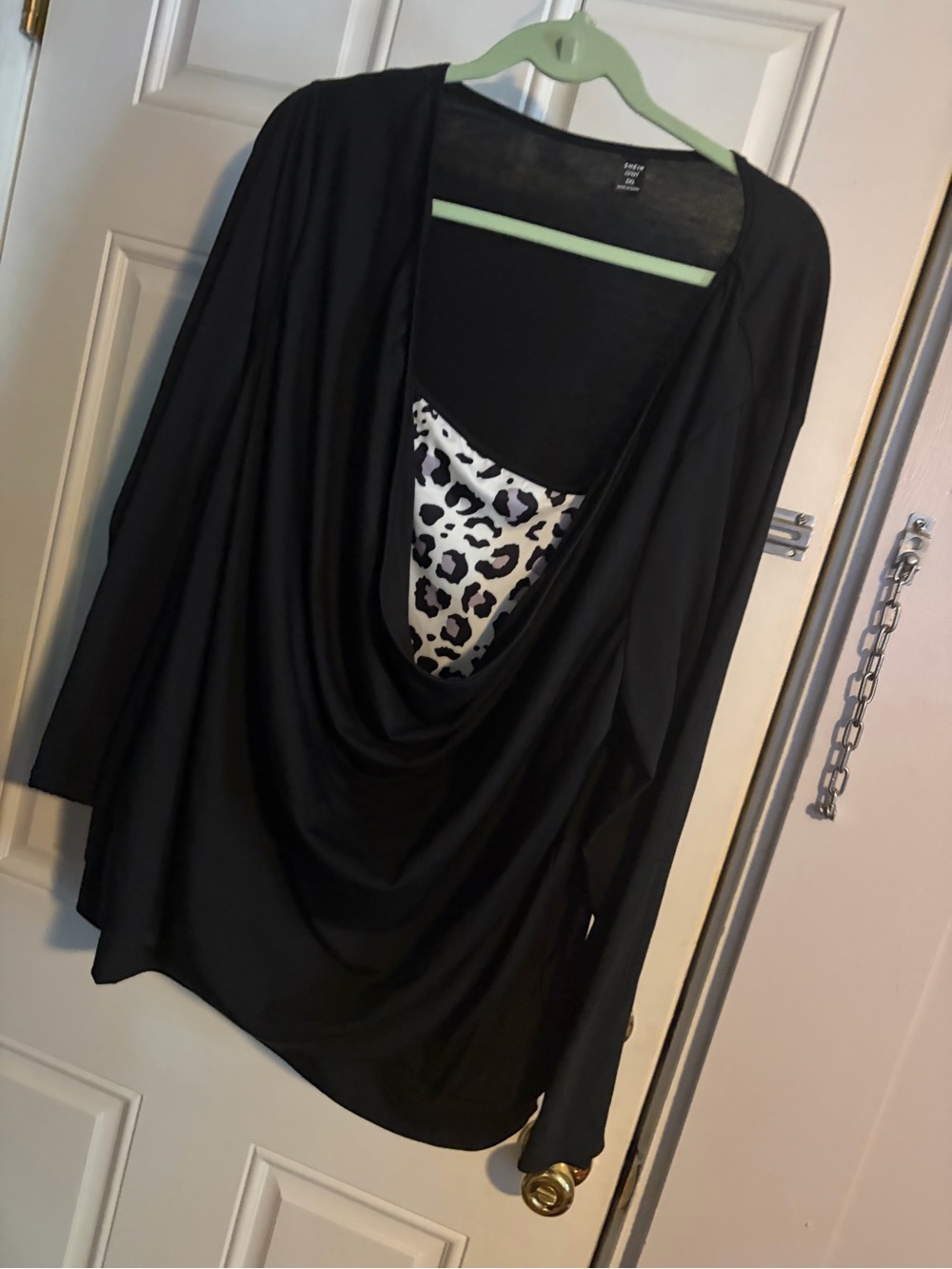 SHEIN Black Draped Top with Leopard-Print Camisole Insert